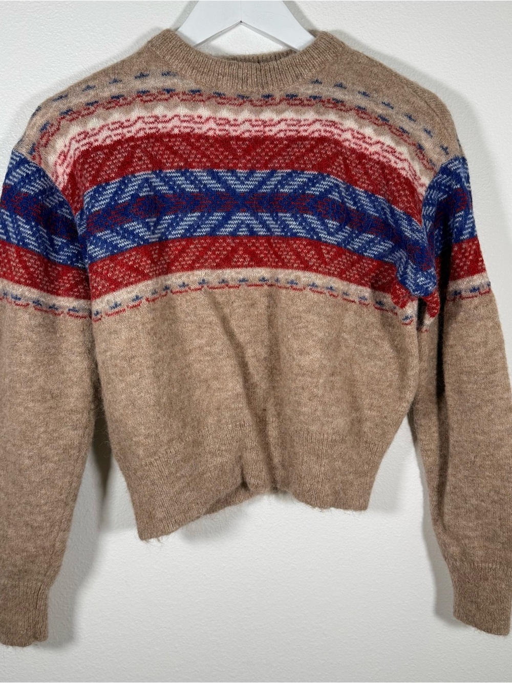 Rag & Bone Women’s XS Fair Isle Alpaca Wool Sweater Tan Red Blue Crewneck